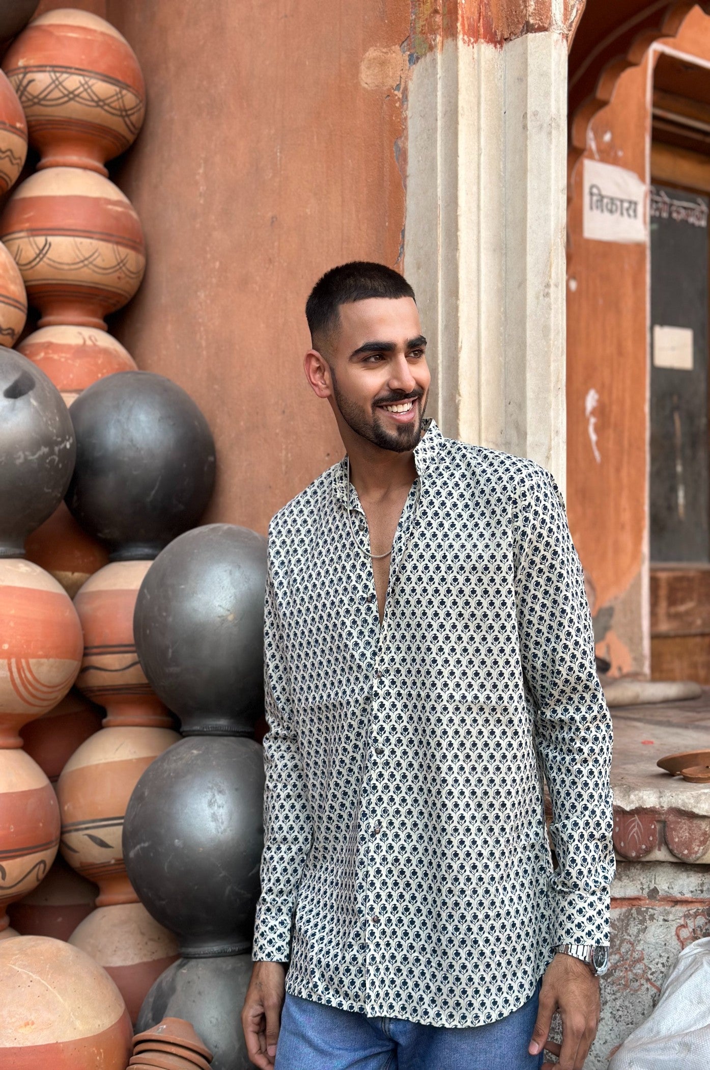 Blue Printed Cotton Shirt kurta